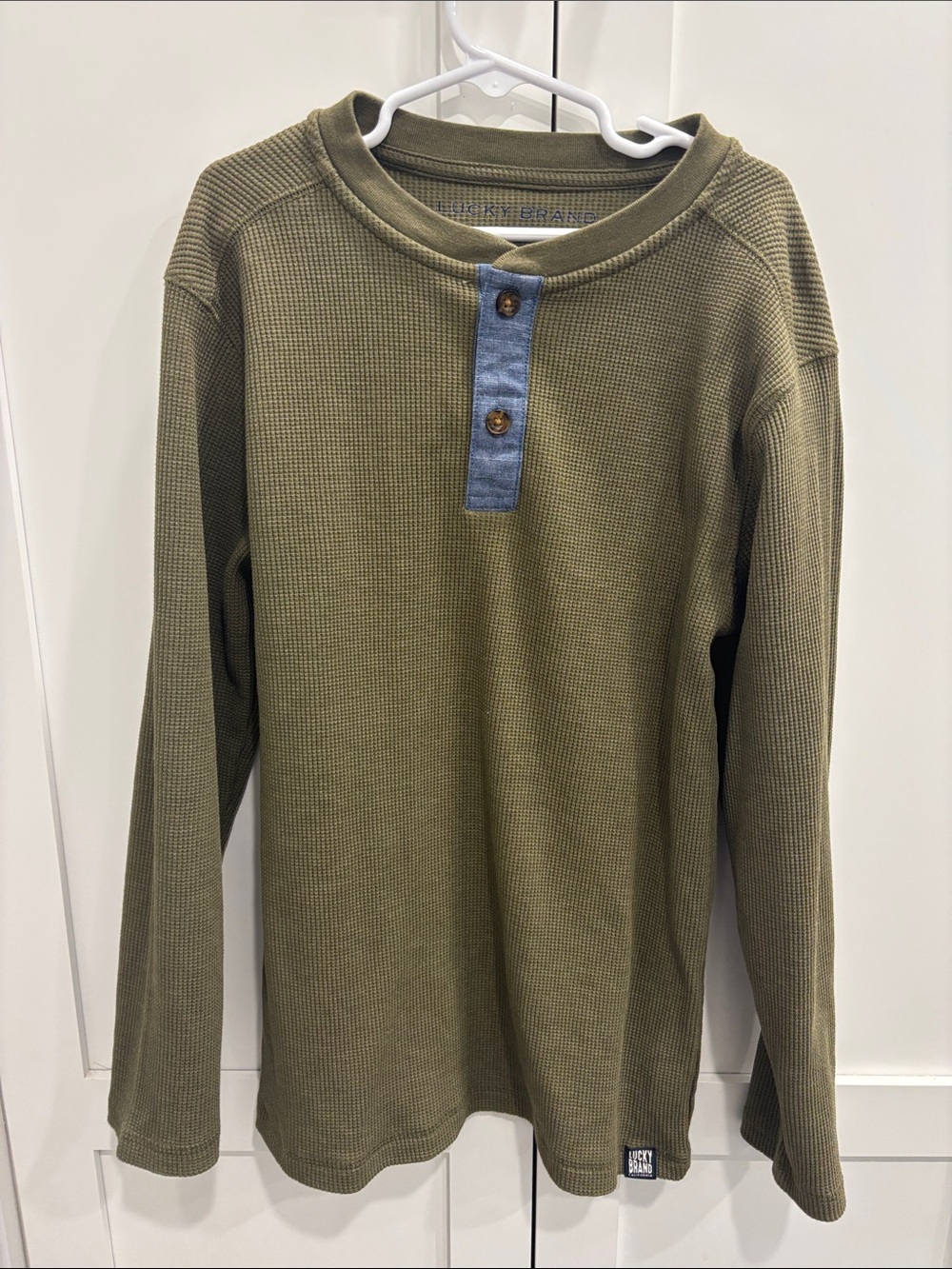 Lucky Brand Olive Waffle-Knit Long Sleeve Henley with Denim Placket